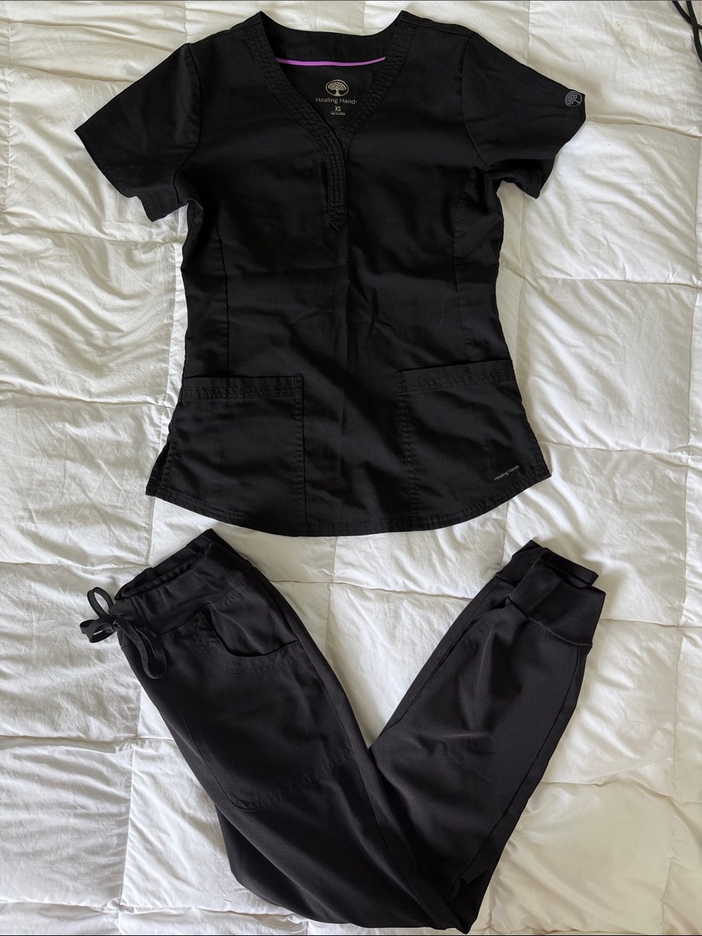 Healing Hands Black Women's Scrub Top & Jogger Pants Set Size XS